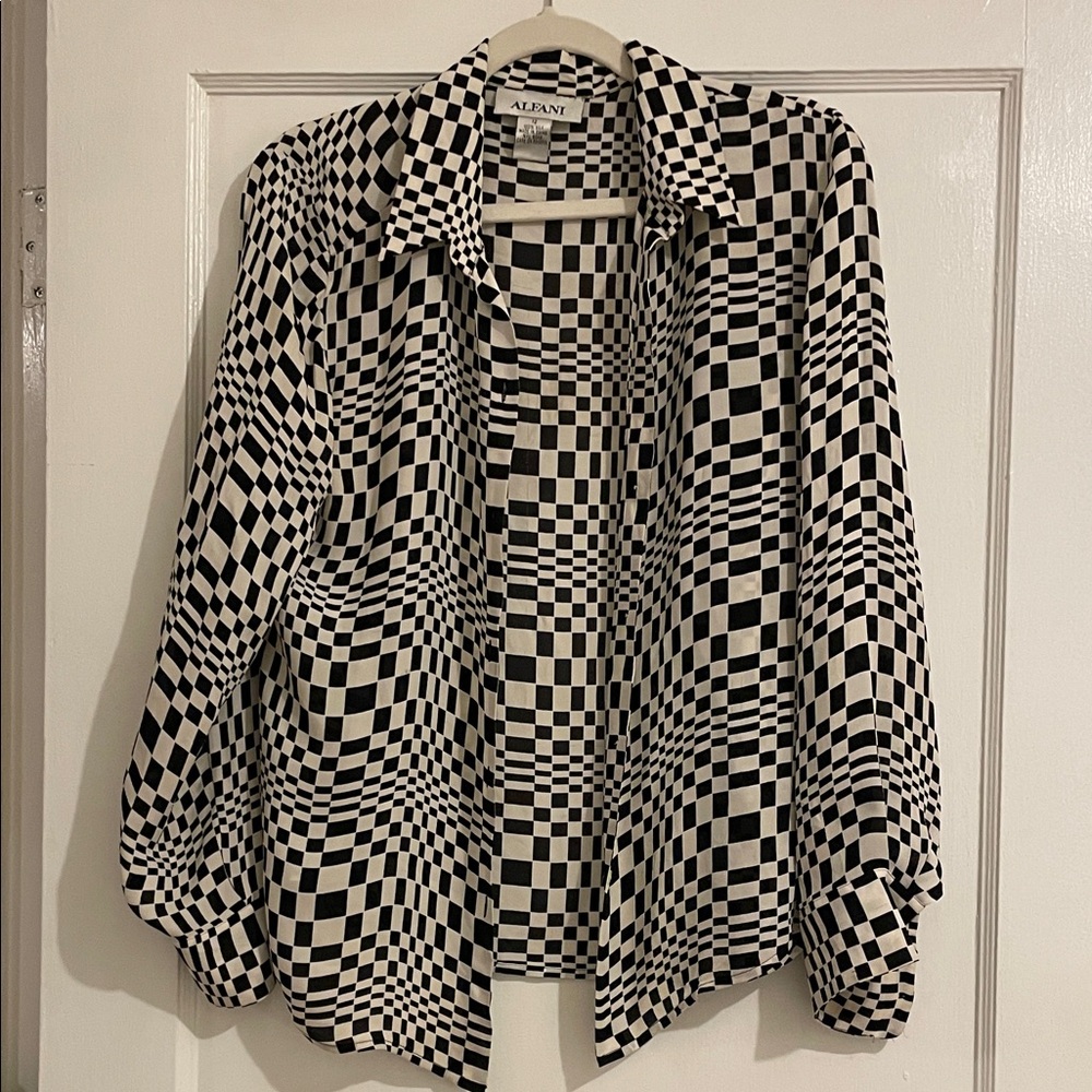 Alfani Black and White Silk Checkered Blouse